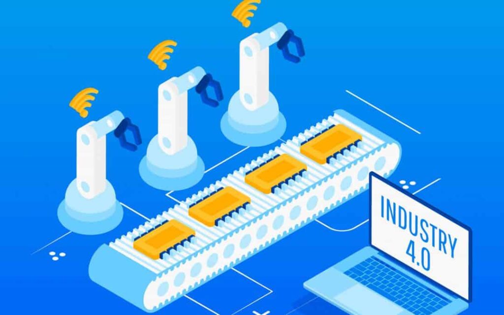 Esteira de montagem com braços robóticos e tela de notebook ao lado com a escrita "Industry 4.0"