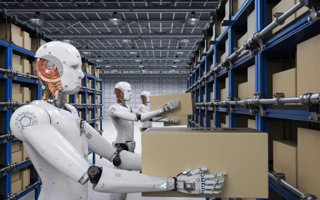Robô colocando caixas em prateleiras