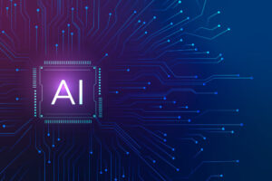 Imagem com fundo azul e um bloco escrito "AI" representando a inteligência artificial.